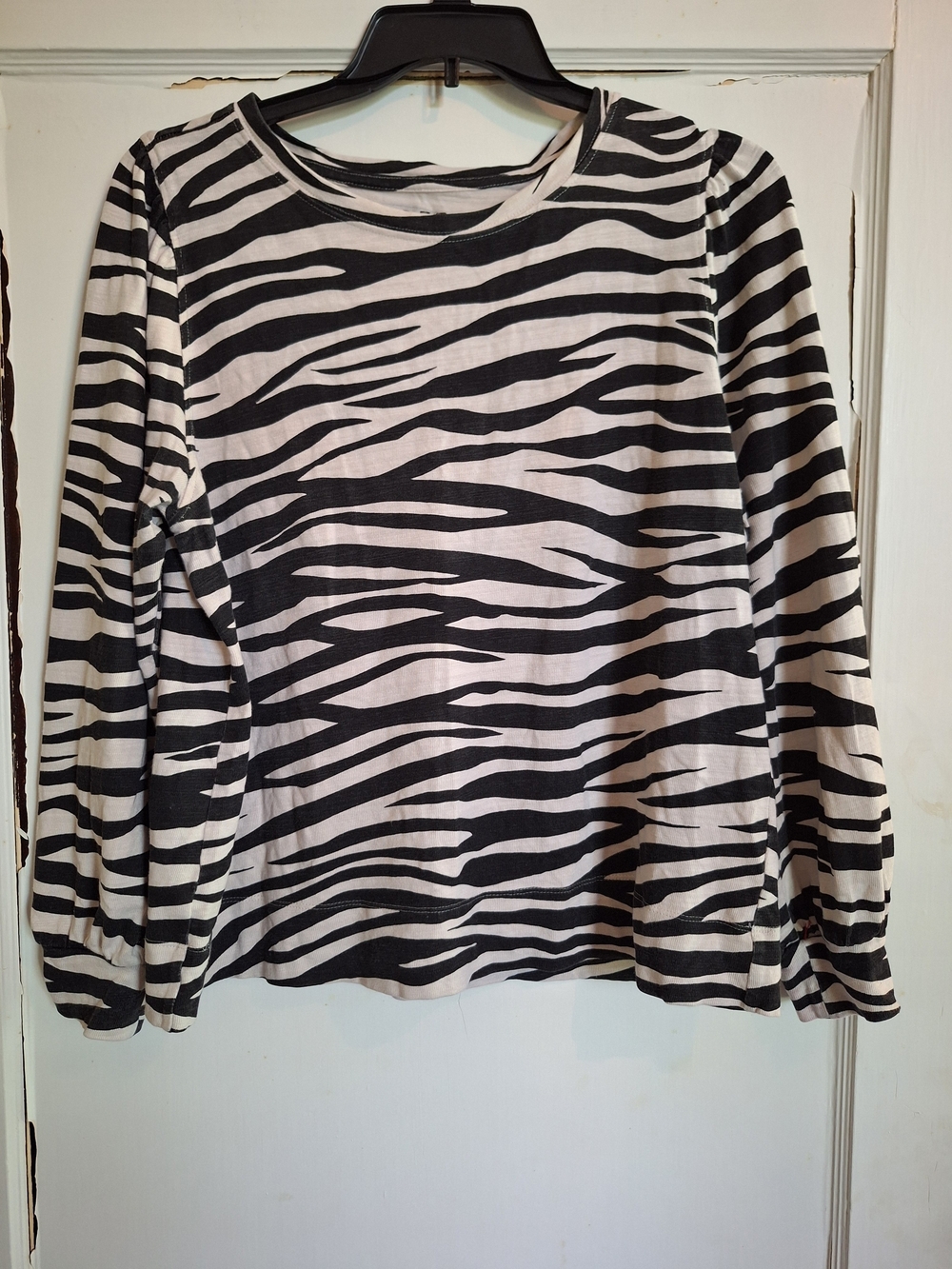 LOFT Womens Zebra Print Puff Shoulder 100% Cotton Shirt Black Cream Sz XL